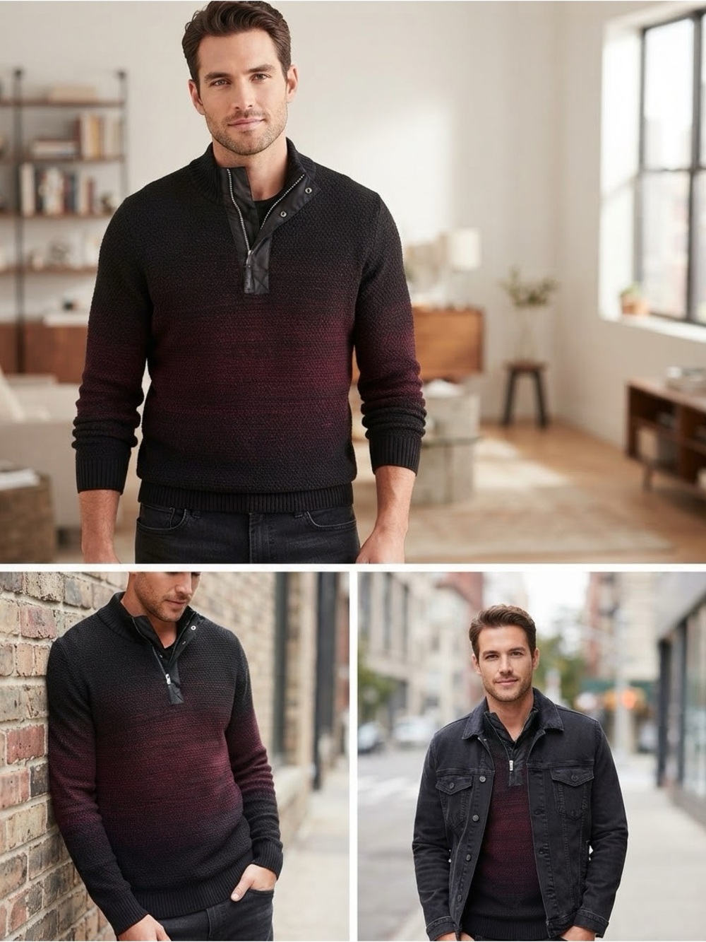 INC International Concepts Burgundy to Black Gradient Half-Zip Sweater